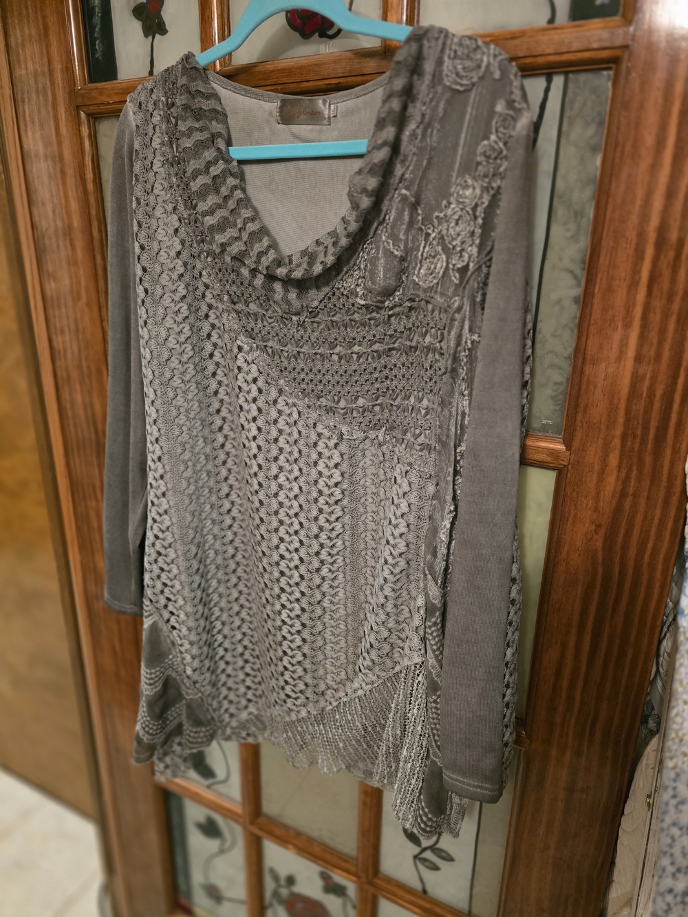 Women’s Gray Crochet Knit Cowl Neck Sweater